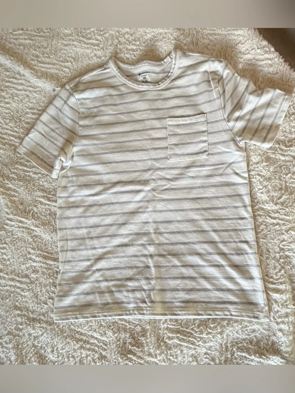 Boys T-Shirt 2-Pack: Cream Breton Stripe Patch-Pocket & Deep Ocean Palm sz 10/12